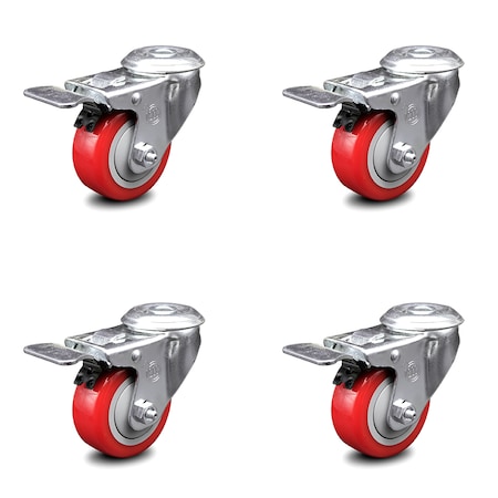 Service Caster 3 Inch Red Polyurethane Swivel Bolt Hole Caster Set with Total Lock Brake SCC SCC-BHTTL20S314-PPUB-RED-4